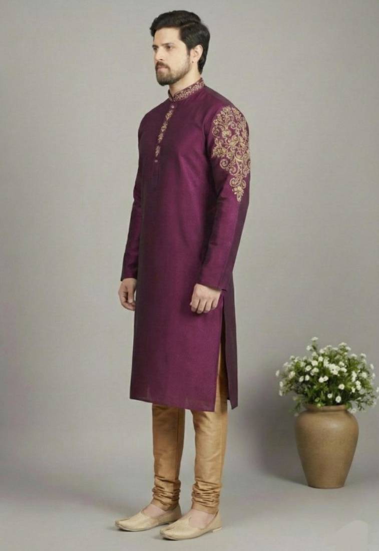Magenta dupion embroidery kurta-pajama
