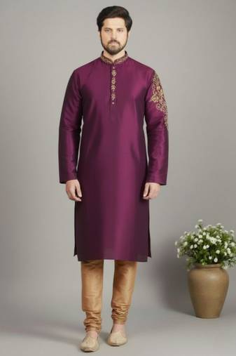 Magenta dupion embroidery kurta-pajama