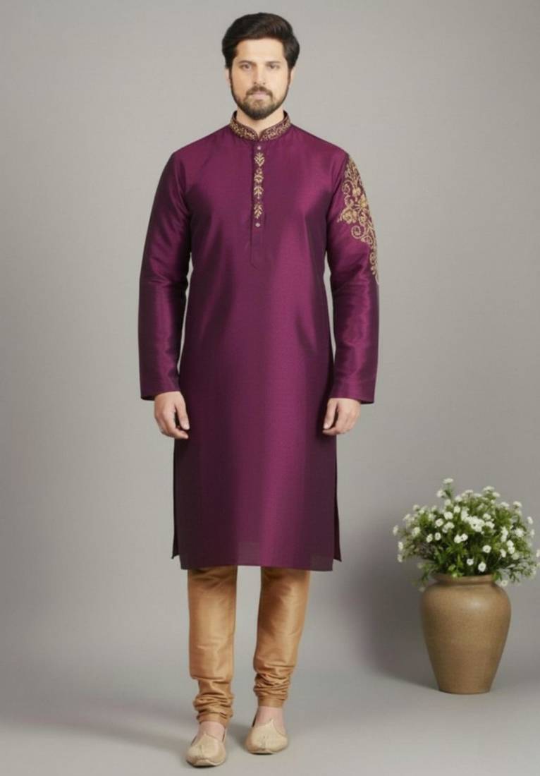 Magenta dupion embroidery kurta-pajama