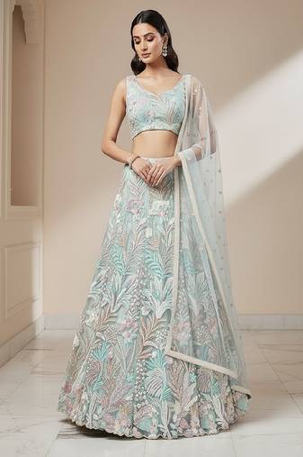 Lime Green Embroidery Net Lehenga Choli with Dupatta