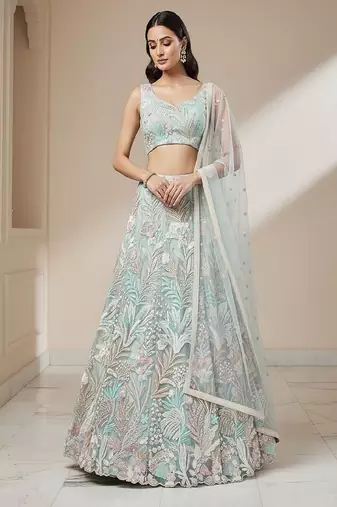 Lime Green Embroidery Net Lehenga Choli with Dupatta