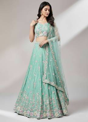 Sea Green Embroidery Net Lehenga Choli with Dupatta 1