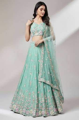 Sea Green Embroidery Net Lehenga Choli with Dupatta