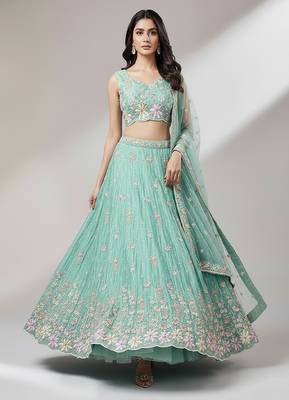 Sea Green Embroidery Net Lehenga Choli with Dupatta 2