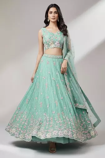 Sea Green Embroidery Net Lehenga Choli with Dupatta