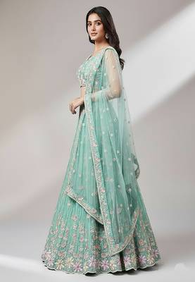 Sea Green Embroidery Net Lehenga Choli with Dupatta 3