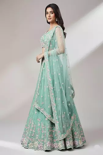 Sea Green Embroidery Net Lehenga Choli with Dupatta