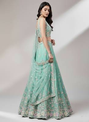 Sea Green Embroidery Net Lehenga Choli with Dupatta 4