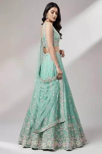 Sea Green Embroidery Net Lehenga Choli with Dupatta