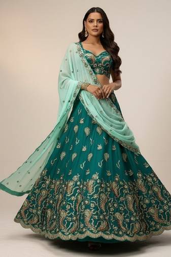 Green Sequence Thread & Embroidery Poly Georgette Lehenga Choli with Dupatta