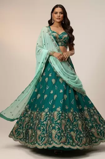 Green Sequence Thread & Embroidery Poly Georgette Lehenga Choli with Dupatta