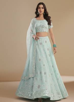 Sea Green Cording thread Patch & Sequin embroidery With Zarkan Embellishments Silky Georgette Lehenga Choli with Dupatta 1