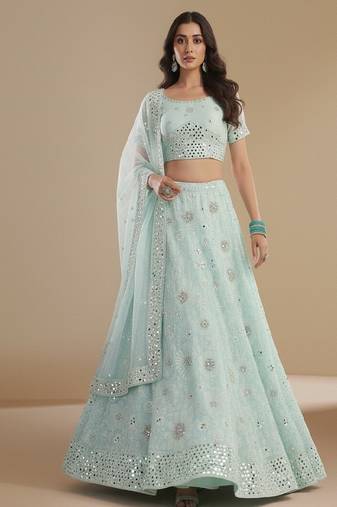 Sea Green Cording thread Patch & Sequin embroidery With Zarkan Embellishments Silky Georgette Lehenga Choli with Dupatta