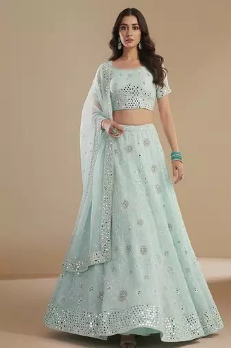 Sea Green Cording thread Patch & Sequin embroidery With Zarkan Embellishments Silky Georgette Lehenga Choli with Dupatta