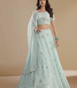 Sea Green Cording thread Patch & Sequin embroidery With Zarkan Embellishments Silky Georgette Lehenga Choli with Dupatta