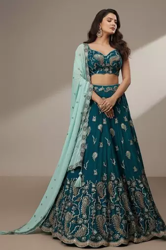 Teal Sequence Thread & Embroidery Poly Georgette Lehenga Choli with Dupatta