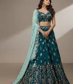 Teal Sequence Thread & Embroidery Poly Georgette Lehenga Choli with Dupatta