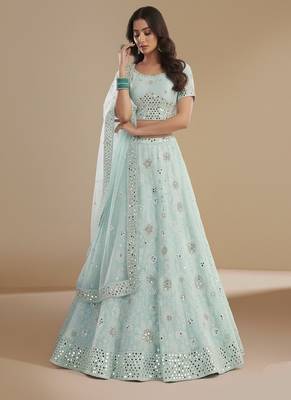 Sea Green Cording thread Patch & Sequin embroidery With Zarkan Embellishments Silky Georgette Lehenga Choli with Dupatta 2