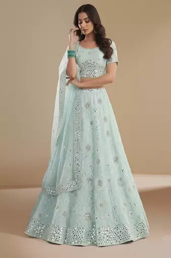 Sea Green Cording thread Patch & Sequin embroidery With Zarkan Embellishments Silky Georgette Lehenga Choli with Dupatta
