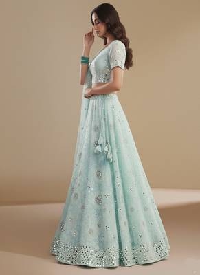 Sea Green Cording thread Patch & Sequin embroidery With Zarkan Embellishments Silky Georgette Lehenga Choli with Dupatta 3