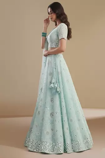 Sea Green Cording thread Patch & Sequin embroidery With Zarkan Embellishments Silky Georgette Lehenga Choli with Dupatta