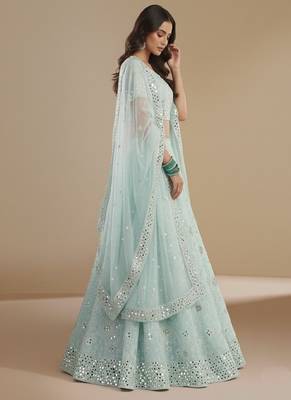 Sea Green Cording thread Patch & Sequin embroidery With Zarkan Embellishments Silky Georgette Lehenga Choli with Dupatta 4