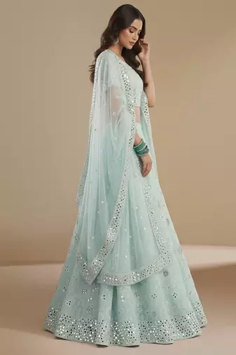 Sea Green Cording thread Patch & Sequin embroidery With Zarkan Embellishments Silky Georgette Lehenga Choli with Dupatta