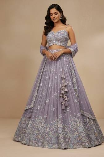 Mauve Sequence Thread & Embroidery Poly Chiffon Lehenga Choli with Dupatta