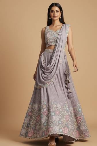 Mauve Embroidery Poly Chiffon Lehenga Choli with Dupatta