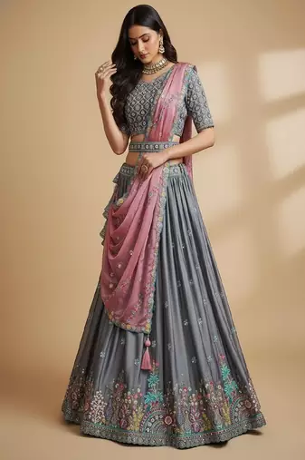 Grey Embroidery Silk Lehenga Choli with Dupatta