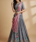 Grey Embroidery Silk Lehenga Choli with Dupatta