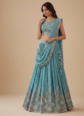 Turquoise Blue Embroidery Poly Georgette Lehenga Choli with Dupatta 1