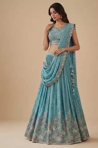 Turquoise Blue Embroidery Poly Georgette Lehenga Choli with Dupatta