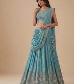 Turquoise Blue Embroidery Poly Georgette Lehenga Choli with Dupatta