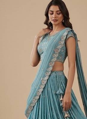 Turquoise Blue Embroidery Poly Georgette Lehenga Choli with Dupatta 2