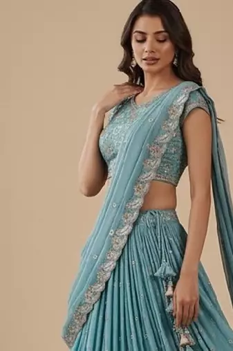 Turquoise Blue Embroidery Poly Georgette Lehenga Choli with Dupatta