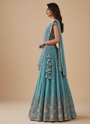 Turquoise Blue Embroidery Poly Georgette Lehenga Choli with Dupatta 3