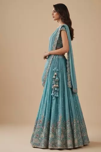 Turquoise Blue Embroidery Poly Georgette Lehenga Choli with Dupatta