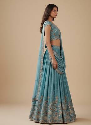 Turquoise Blue Embroidery Poly Georgette Lehenga Choli with Dupatta 4