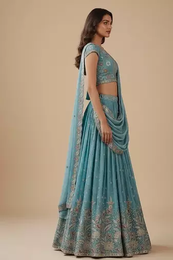 Turquoise Blue Embroidery Poly Georgette Lehenga Choli with Dupatta