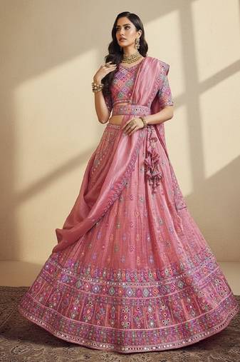 Pink Embroidery Organza Lehenga Choli with Dupatta
