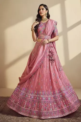 Pink Embroidery Organza Lehenga Choli with Dupatta