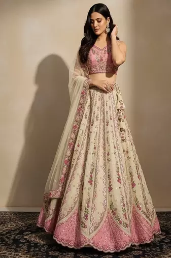 Cream Embroidery Tissue Lehenga Choli with Dupatta