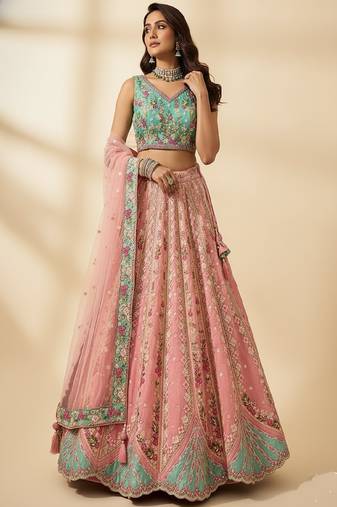 Pink Embroidery Tissue Lehenga Choli with Dupatta