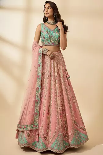 Pink Embroidery Tissue Lehenga Choli with Dupatta