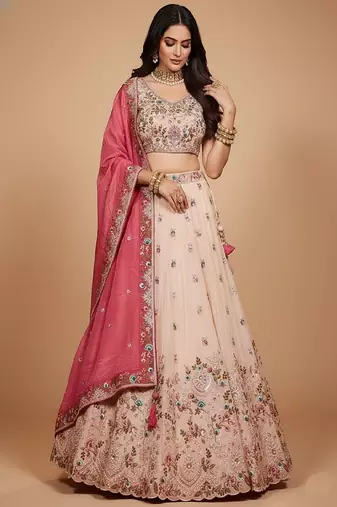 Off White Embroidery Tissue Lehenga Choli with Dupatta