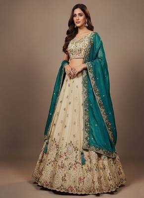 Off White Embroidery Tissue Lehenga Choli with Dupatta 1