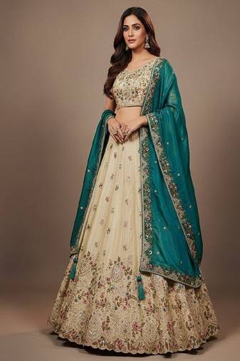 Off White Embroidery Tissue Lehenga Choli with Dupatta