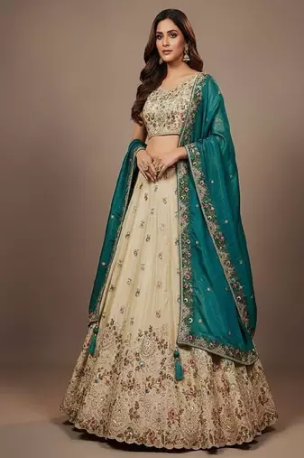 Off White Embroidery Tissue Lehenga Choli with Dupatta