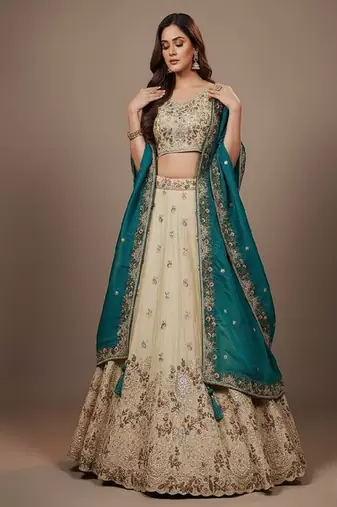 Off White Embroidery Tissue Lehenga Choli with Dupatta